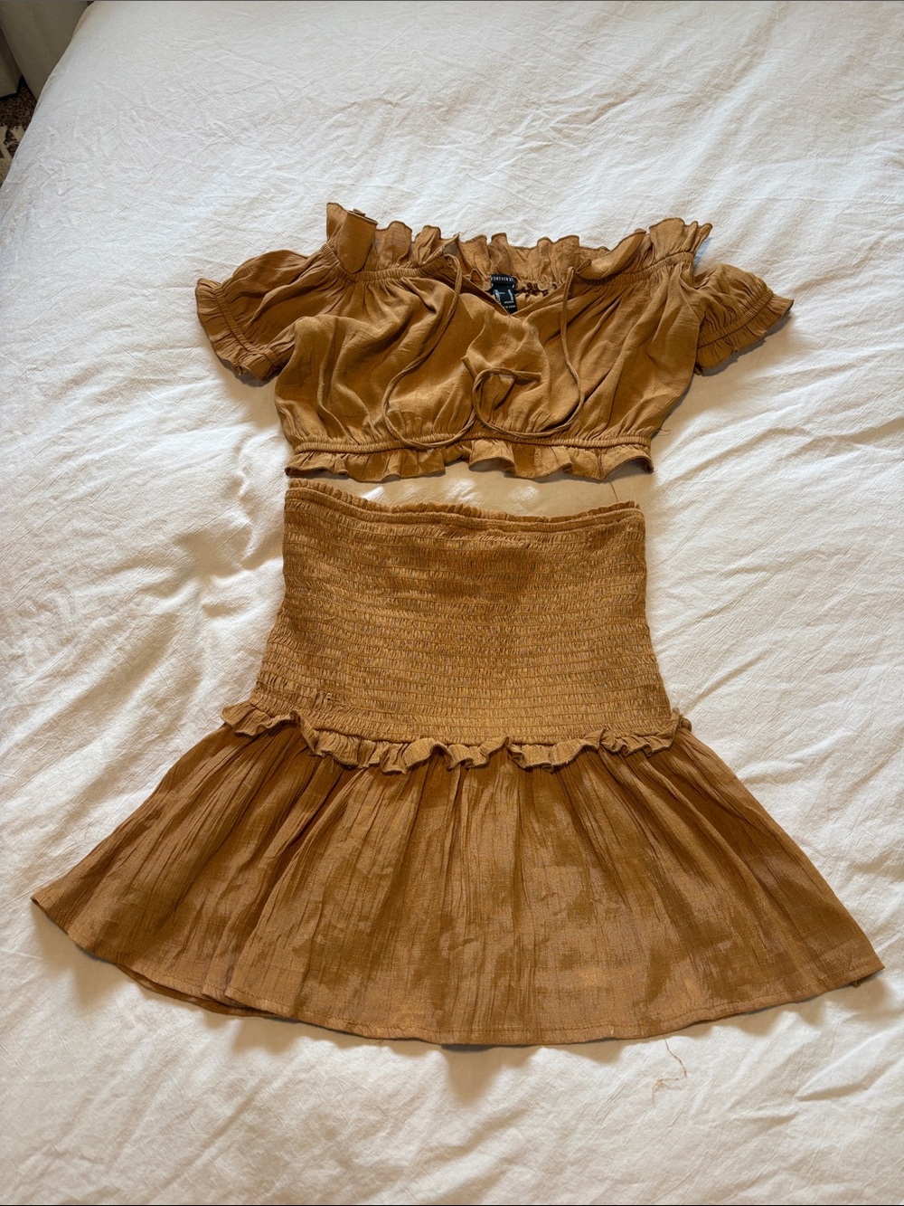 Forever 21 Caramel Brown Off-Shoulder Ruffle Crop Top & Smocked Skirt Set